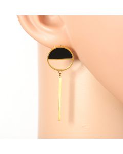 Unique Gold Tone Designer Drop Earrings with Jet Black Faux Onyx Circle & Dangling Bar