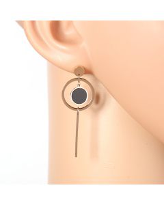 Stylish Rose Gold Tone Designer Drop Earrings with Jet Black Faux Onyx Circle & Dangling Bar