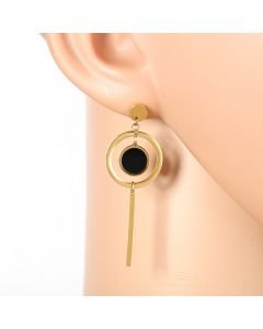 Stylish Gold Tone Designer Drop Earrings with Jet Black Faux Onyx Circle & Dangling Bar