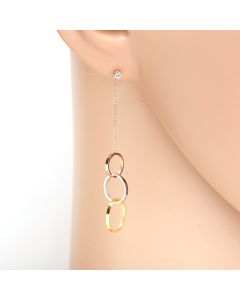Trendy Silver, Rose, Gold Tone (Tri Color) Designer Drop Earrings with Sparkling Crystals & Dangling Eternity Circles