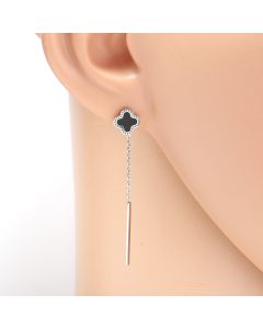 Stylish Silver Tone Designer Drop Earrings with Jet Black Faux Onyx Clover and Dangling Chain Tassel with Bar