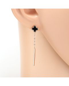 Stylish Rose Gold Tone Designer Drop Earrings with Jet Black Faux Onyx Clover and Dangling Chain Tassel with Bar