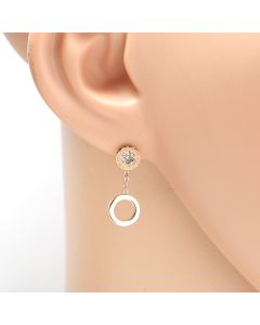 Trendy Rose Gold Tone Designer Drop Earrings with Sparkling Crystals & Dangling Eternity Circles with Engraved Roman Numerals