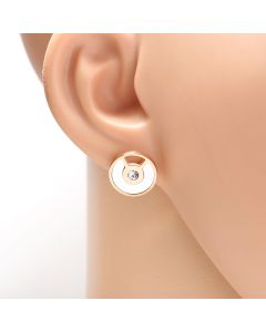 Trendy Rose Gold Tone Designer Circular Stud Earrings with Sparkling Crystals & Arctic White Faux Mother of Pearl