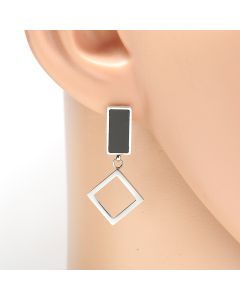 Contemporary Silver Tone Designer Drop Earrings with Jet Black Inlay & Dangling Geometric Shaped Accents