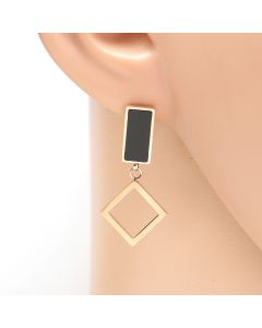 Contemporary Rose Gold Tone Designer Drop Earrings with Jet Black Inlay & Dangling Geometric Shaped Accents