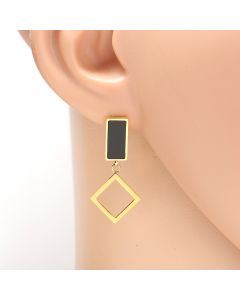 Contemporary Gold Tone Designer Drop Earrings with Jet Black Inlay & Dangling Geometric Shaped Accents