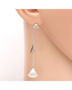 Stylish Silver Tone Designer Drop Earrings with Dangling Chain & Shell Shaped Accents