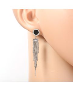 Stylish Silver Tone Designer Drop Earrings with Jet Black Faux Onyx Circle with Engraved Roman Numerals and Dangling Tassels