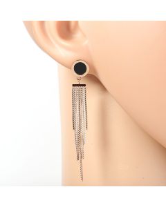 Stylish Rose Gold Tone Designer Drop Earrings with Jet Black Faux Onyx Circle with Engraved Roman Numerals and Dangling Tassels