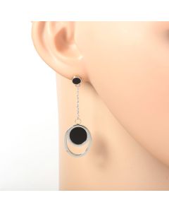 Stylish Silver Tone Designer Drop Earrings with Jet Black Faux Onyx Circles with Engraved Roman Numerals