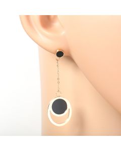 Stylish Rose Gold Tone Designer Drop Earrings with Jet Black Faux Onyx Circles with Engraved Roman Numerals