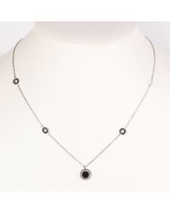 Delicate Silver Tone Designer Necklace and Circular Charm Pendant with Jet Black Inlay and Roman Numeral Engraving