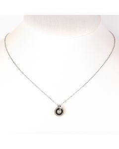 Trendy Silver Tone Designer Necklace with Jet Black Faux Onyx Circular Pendant Engraved with "FOREVER LOVE" 