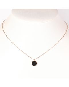 Contemporary Rose Gold Tone Designer Necklace with Jet Black Faux Onyx Circular Geometric Pendant
