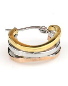 Contemporary Polished Tri-Color Silver, Gold & Rose Tone Hoop Earrings