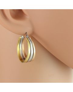 Trendy Oval Tri-Color Silver, Gold & Rose Tone Hoop Earrings