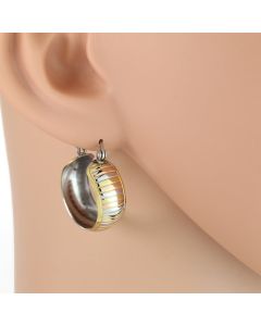 Stylish Striped Tri-Color Silver, Gold & Rose Tone Hoop Earrings