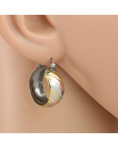 Spiral Striped Polished Tri-Color Silver, Gold & Rose Tone Hoop Earrings