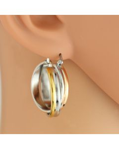 Distinctive Polished Twist Tri-Color Silver, Gold & Rose Tone Hoop Earrings