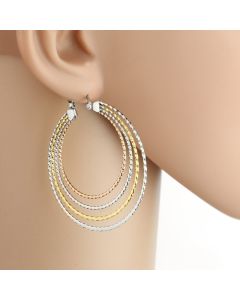Contemporary Polished Large Twisted Tri-Color Silver, Gold & Rose Tone Hoop Earrings