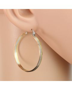 Classic Round Edged Tri-Color Silver, Gold & Rose Tone Hoop Earrings with Polished Finish (Round Edged)