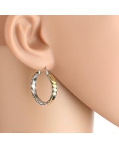 Contemporary Polished Tri-Color Silver, Gold & Rose Tone Hoop Earrings with Rib Design