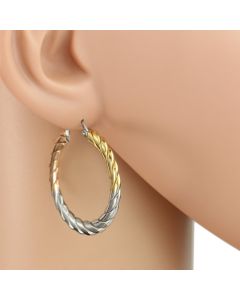 Trendy Spiral & Polished Tri-Color Silver, Gold & Rose Tone Hoop Earrings