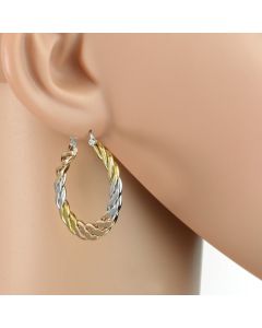 Contemporary Polished & Interwoven Spiral Tri-Color Silver, Gold & Rose Tone Hoop Earrings