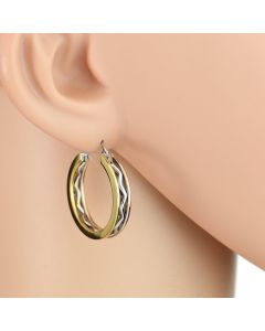 Edgy Polished Tri-Color Silver, Gold & Rose Tone Hoop Earrings with Center Silver Tone Wave Design