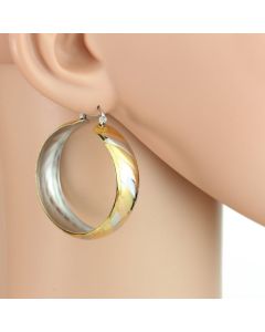 Contemporary Polished Tri-Color Silver, Gold & Rose Tone Hoop Earrings with Diagonal Striped Design