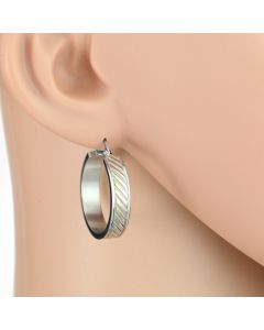 Contemporary Polished Tri-Color Silver, Gold & Rose Tone Hoop Earrings with Understated Striped Design