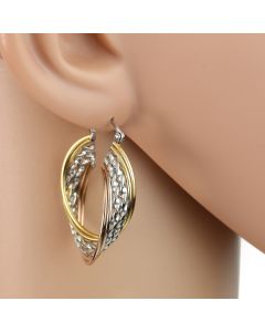 Contemporary Polished Twirled & Twisted Tri-Color Silver, Gold & Rose Tone Hoop Earrings