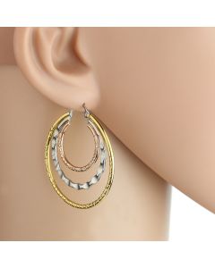 Contemporary Polished Tri-Color Silver, Gold & Rose Tone Hoop Earrings with Multi-Textured Design