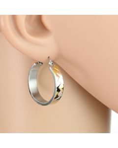 Contemporary Polished Tri-Color Silver, Gold & Rose Tone Hoop Earrings with Herringbone Design