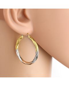 Contemporary Polished Tri-Color Silver, Gold & Rose Tone Hoop Earrings with Softly Twisted Design
