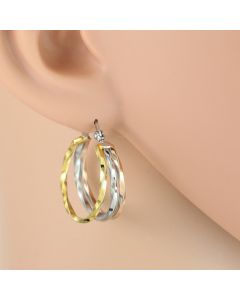 Contemporary Polished Twisted Tri-Color Silver, Gold & Rose Tone Hoop Earrings