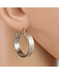 Contemporary Polished Tri-Color Silver, Gold & Rose Tone Hoop Earrings with Greek Design