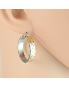 Contemporary Polished Tri-Color Silver, Gold & Rose Tone Hoop Earrings with Chevron Design