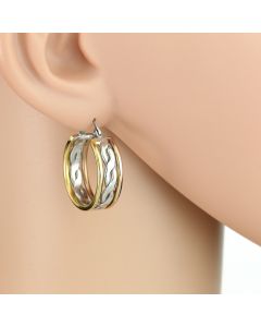 Contemporary Polished Twisted Tri-Color Silver, Gold & Rose Tone Hoop Earrings