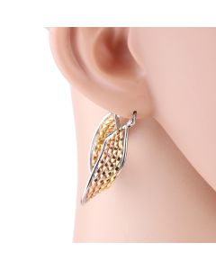 Contemporary Polished Twisted & Braided Tri-Color Silver, Gold & Rose Tone Hoop Earrings