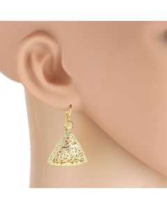 Trendy Dangling Gold Tone Triangle Earrings with Lace Cut-Out Design and Sparkling Crystals