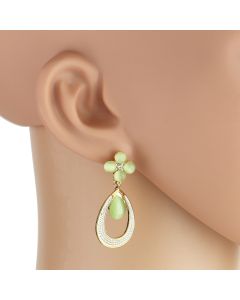 Unique & Understated Gold Tone Dangling Earrings with Faux Jade and Sparkling Crystal