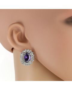 Spectacular Faux Amethyst Earrings Accented with Sparkling Crystals set in White Gold Tone