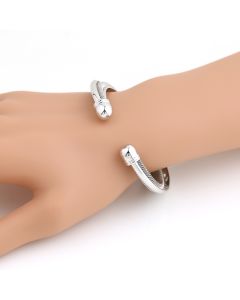 Sleek Silver Tone Bangle Bracelet with Mesh Inlay