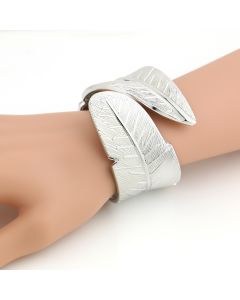 Stylish Silver Tone Cuff Bangle Bracelet with Textured Leaf Design