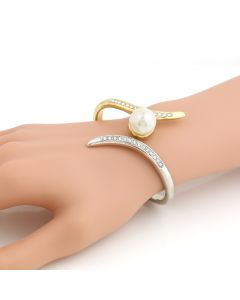 Sophisticated Two Tone Bangle Bracelet with Sparkling Crystals & Faux Pearl