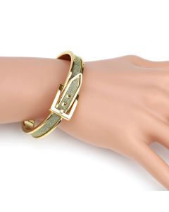 Sparkling Gold Tone Hinged Bangle Bracelet with Buckle Clasp and Shimmering Inlay