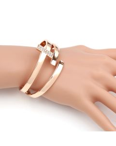 Contemporary Rose Gold Tone Hinged T-Bar Cuff Bangle Bracelet with Sparkling Crystals