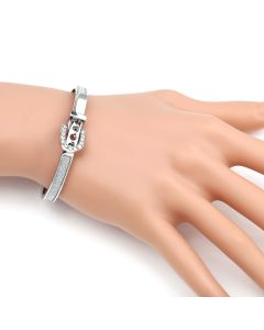 Trendsetting Silver Tone Hinged Bangle Bracelet with Buckle Clasp, Sparkling Crystals and Shimmering Inlay